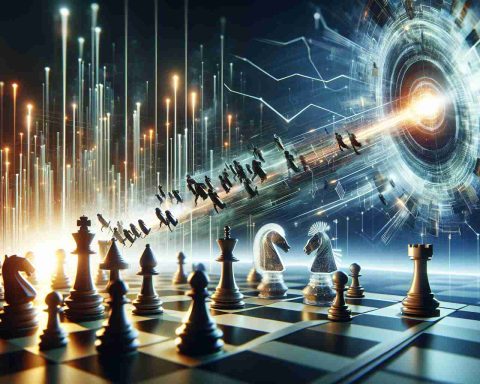 High-definition, realistic rendering of the abstract concept of a quantum leap in the technological world, where cutting-edge innovation causing huge progress symbolized through a pivotal chess move. Highlight a plot twist by incorporating an unexpected element in the scene - perhaps an underdog achieving a breakthrough or a sudden change of direction in the depicted progress.