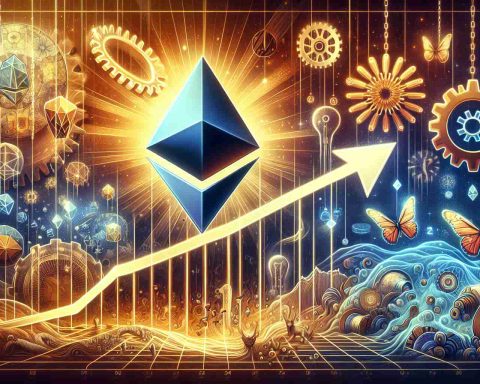 Create a high-definition, realistic image representing the rise of Ethereum as a major player in the world of cryptocurrency. Picture this as a graph with an upward trend symbolizing Ethereum's increasing influence and power, coupled with various symbols representing transformation such as butterflies and gears. The whole image should emanate an aura of a new era dawning in the financial landscape.