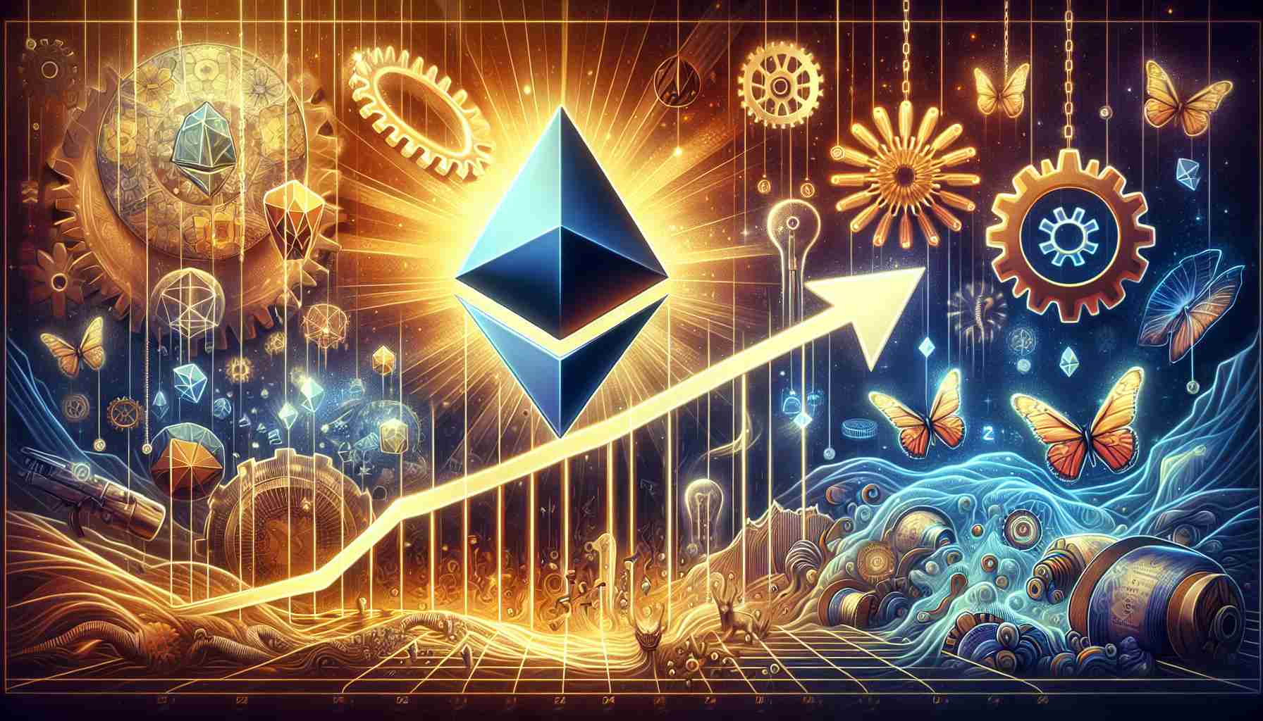 Create a high-definition, realistic image representing the rise of Ethereum as a major player in the world of cryptocurrency. Picture this as a graph with an upward trend symbolizing Ethereum's increasing influence and power, coupled with various symbols representing transformation such as butterflies and gears. The whole image should emanate an aura of a new era dawning in the financial landscape.