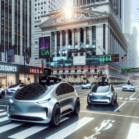 Realistic high-definition depiction of autonomous cars by an unnamed futuristic vehicle manufacturer, symbolizing their bold entry into the U.S. initial public offering market. The vehicles should be sleek and modern-looking, with some top-notch autonomous vehicle technology features, like LIDAR sensors, multiple cameras, and radar. The scene is set on a bustling U.S. city street with symbols of capitalism such as consumer stores, tall corporate buildings, and a stock exchange ticker board in the background.