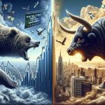 An ultra-high-definition realistic illustration symbolizing the financial market's dual nature. To one side, visualize a stock market struggling, represented by a bear (symbol for market downturn), snarling at a falling graph line of stocks. The other side showcases opportunity and optimism, embodied as a bull (symbol for market upturn) charging towards a rising line graph. Midground, include a banner reading 'What Wall Street Thinks About This Major Debut.' Everything is under a cloud-filled sky with the Wall Street scene at the bottom.