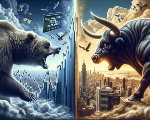 An ultra-high-definition realistic illustration symbolizing the financial market's dual nature. To one side, visualize a stock market struggling, represented by a bear (symbol for market downturn), snarling at a falling graph line of stocks. The other side showcases opportunity and optimism, embodied as a bull (symbol for market upturn) charging towards a rising line graph. Midground, include a banner reading 'What Wall Street Thinks About This Major Debut.' Everything is under a cloud-filled sky with the Wall Street scene at the bottom.