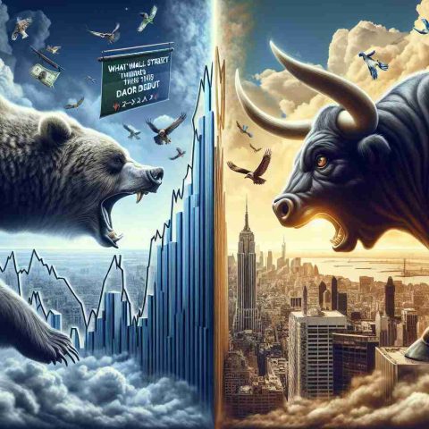 An ultra-high-definition realistic illustration symbolizing the financial market's dual nature. To one side, visualize a stock market struggling, represented by a bear (symbol for market downturn), snarling at a falling graph line of stocks. The other side showcases opportunity and optimism, embodied as a bull (symbol for market upturn) charging towards a rising line graph. Midground, include a banner reading 'What Wall Street Thinks About This Major Debut.' Everything is under a cloud-filled sky with the Wall Street scene at the bottom.