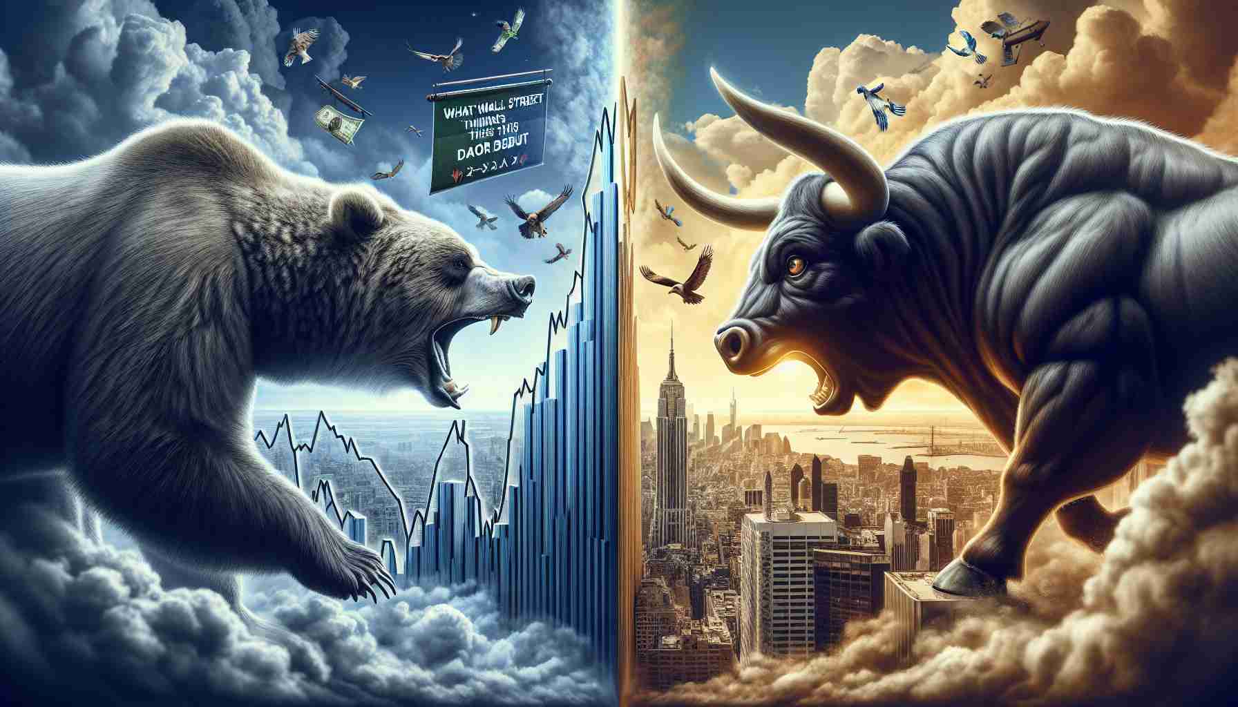 An ultra-high-definition realistic illustration symbolizing the financial market's dual nature. To one side, visualize a stock market struggling, represented by a bear (symbol for market downturn), snarling at a falling graph line of stocks. The other side showcases opportunity and optimism, embodied as a bull (symbol for market upturn) charging towards a rising line graph. Midground, include a banner reading 'What Wall Street Thinks About This Major Debut.' Everything is under a cloud-filled sky with the Wall Street scene at the bottom.