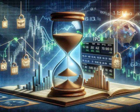 A detailed, high-definition image depicting a metaphorical representation of the process and timeline for selling IPO shares. The picture may include a calendar indicating the typical lock-up period, a stock market graph showing the trajectory of an IPO's value, a sand hourglass symbolizing the passage of time, and a set of conditions or checkboxes representing the prerequisites for selling. All these elements should be artistically combined in a way that conveys a sense of waiting for the right time to sell.