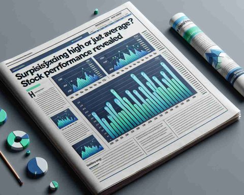 Produce a hyperrealistic HD quality image of a paper article, the title of which reads 'Surprisingly High or Just Average? Stock Performance Revealed'. It also features a custom bar chart illustrating the various stocks' performances. Incorporate hues of blue and green to induce professionalism on a neutral grey background.