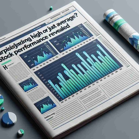 Produce a hyperrealistic HD quality image of a paper article, the title of which reads 'Surprisingly High or Just Average? Stock Performance Revealed'. It also features a custom bar chart illustrating the various stocks' performances. Incorporate hues of blue and green to induce professionalism on a neutral grey background.