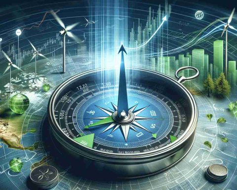 A high-resolution image capturing the essence of a significant turn in energy investments. The central focus is a metaphorical compass, with its needle shifting dramatically towards a new direction, symbolizing new investment opportunities arising in the energy sector. Around the compass, there are abstract representations of financial documents, stock graphs rising in value, and green energy symbols such as wind turbines, solar panels, and hydroelectric dams.