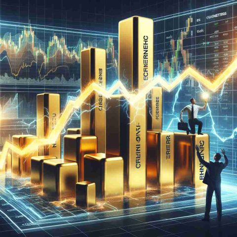 A detailed image of the conceptual representation of 'Big Moves in Energy Stocks.' Focus on the abstract metaphor of energy stocks rising in value. Illustrate a dynamic and high-definition stock market graph showing surging lines, possibly lightning-shaped to represent energy. Also depict investors examining, even palpating or standing on, large golden or metallic bars labeled 'Cheniere' to symbolize their investment actions. Ensure everything is in a realistic style.