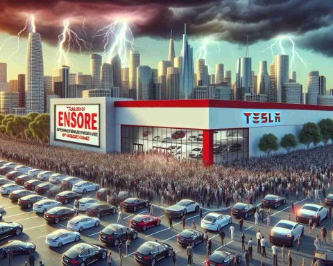 An interpretive high-definition image of an unexpected event in California affecting potential Tesla buyers. The scene depicts a large cityscape with Tesla's showroom in the foreground, packed with customers, and a billboard in the background showing news about a sudden policy or price change, causing a surprised reaction among the crowd.