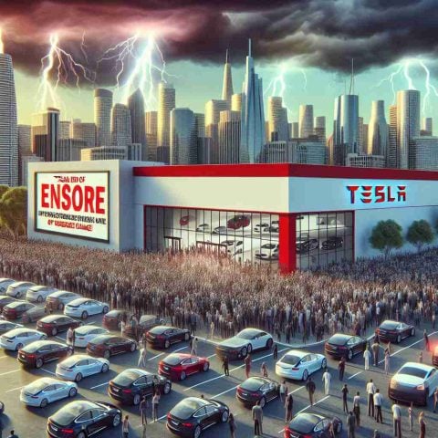 An interpretive high-definition image of an unexpected event in California affecting potential Tesla buyers. The scene depicts a large cityscape with Tesla's showroom in the foreground, packed with customers, and a billboard in the background showing news about a sudden policy or price change, causing a surprised reaction among the crowd.