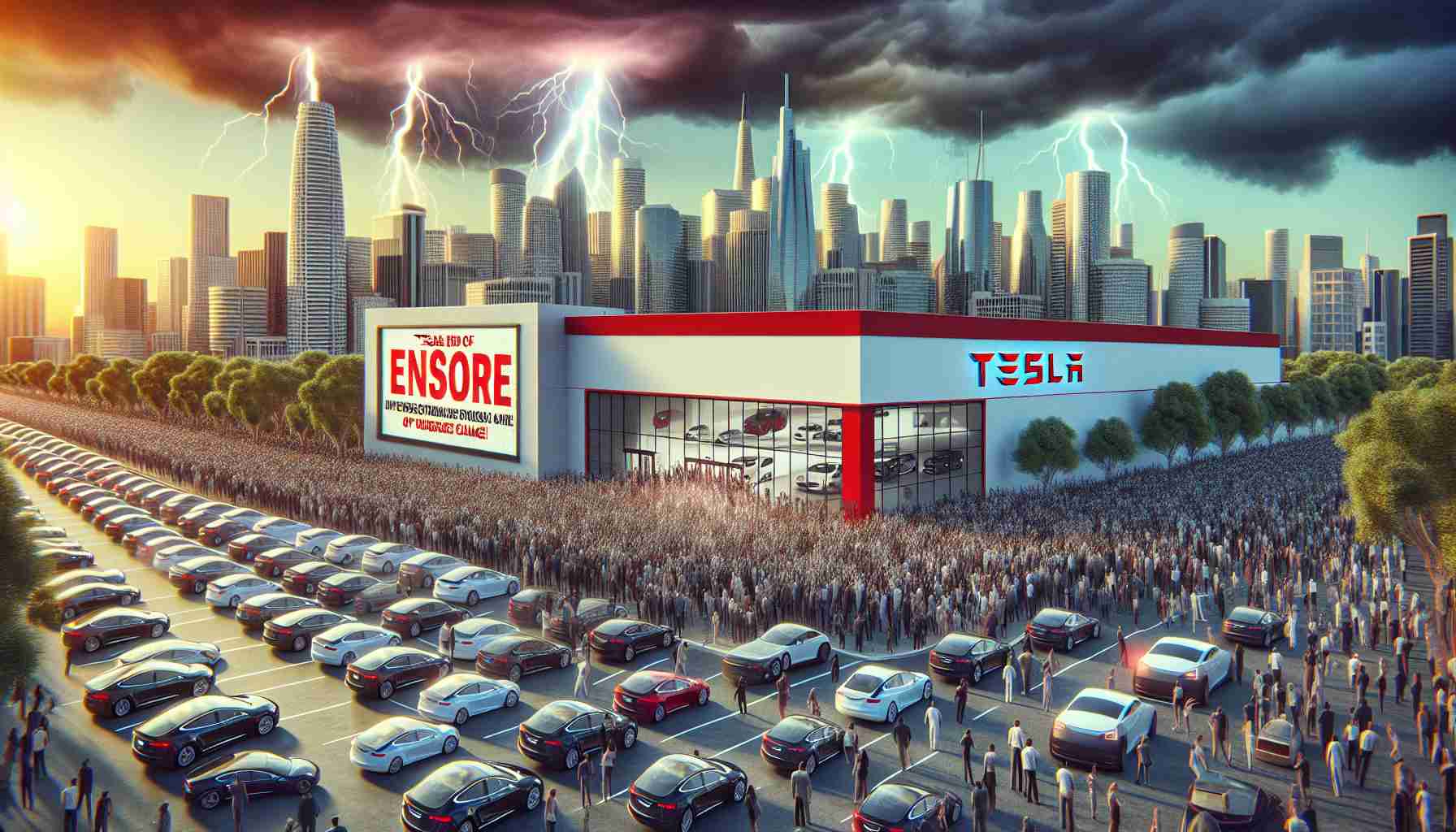 An interpretive high-definition image of an unexpected event in California affecting potential Tesla buyers. The scene depicts a large cityscape with Tesla's showroom in the foreground, packed with customers, and a billboard in the background showing news about a sudden policy or price change, causing a surprised reaction among the crowd.