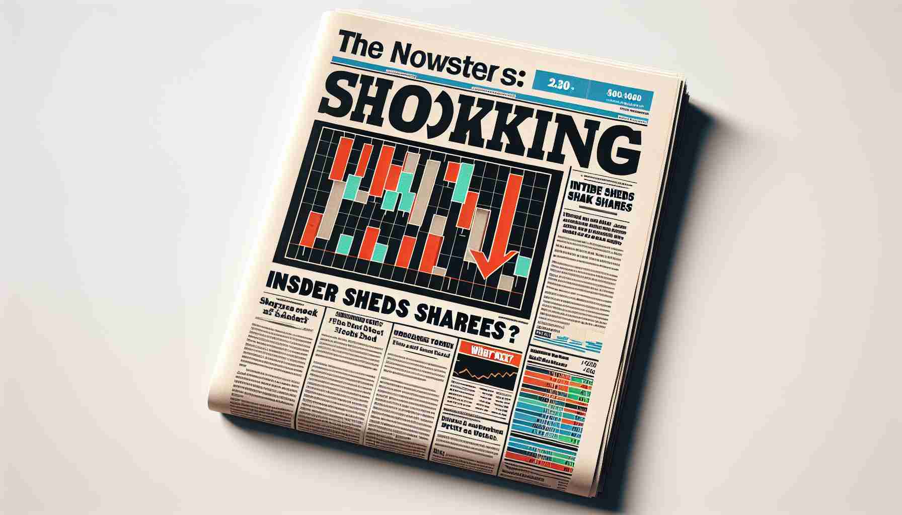 Generate a realistic high-definition image of a newspaper headline that says 'Shocking Stock Sale: Insider Sheds Shares! What's Next?' The newspaper should look like it's printed on cleaner paper, with clear and readable typography, and should include related symbols such as a down-pointing arrow, stock charts, and currency symbols.