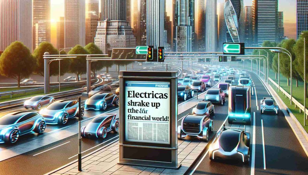 A high-definition, photorealistic scene featuring the latest trends in electric vehicles revolutionizing the financial world. Depict a futuristic cityscape where a variety of electric cars, each with unique designs and vibrant colors, drive on bustling streets. In the foreground, illustrate a newsstand displaying a headline: 'Electric Cars Shake Up the Financial World!'. The scene suggests a safe, efficient, and eco-friendly future of transportation.