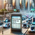 A high-definition, photorealistic scene featuring the latest trends in electric vehicles revolutionizing the financial world. Depict a futuristic cityscape where a variety of electric cars, each with unique designs and vibrant colors, drive on bustling streets. In the foreground, illustrate a newsstand displaying a headline: 'Electric Cars Shake Up the Financial World!'. The scene suggests a safe, efficient, and eco-friendly future of transportation.