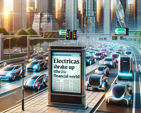 A high-definition, photorealistic scene featuring the latest trends in electric vehicles revolutionizing the financial world. Depict a futuristic cityscape where a variety of electric cars, each with unique designs and vibrant colors, drive on bustling streets. In the foreground, illustrate a newsstand displaying a headline: 'Electric Cars Shake Up the Financial World!'. The scene suggests a safe, efficient, and eco-friendly future of transportation.