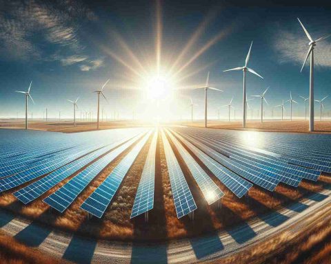 A high-definition image showcasing the impactful shift from traditional to renewable energy sources in Iowa. Scene includes large, gleaming solar panels arranged in an open countryside, potentially with wind turbines spinning gently under a clear blue sky, creating an alternate source of energy. The sun is high up in the sky, shining brightly on the solar panels, expressing the ongoing revolution in renewable energy. Throughout the scene, the sense of surprise and innovation is palpable, symbolizing the state's newfound allegiance to sustainable energy.