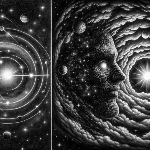 A high-definition representation that captures the dichotomy of truth and illusion. The first scene presents a cosmic revolution, with stars and celestial bodies revolving around the sun. The second scene portrays the concept of smoke and mirrors, a figurative expression indicating illusion or deceit. This artwork highlights a juxtaposition of reality (the natural, precise movement of the solar system) and misconception (the elusive and distorting nature of smoke and mirrors).