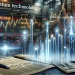 Realistic high-definition image depicting a stock market scene where the stocks of a fictional quantum technology company are skyrocketing. There's a background newspaper title that hints at the secret influence of a competing fictional company for context.