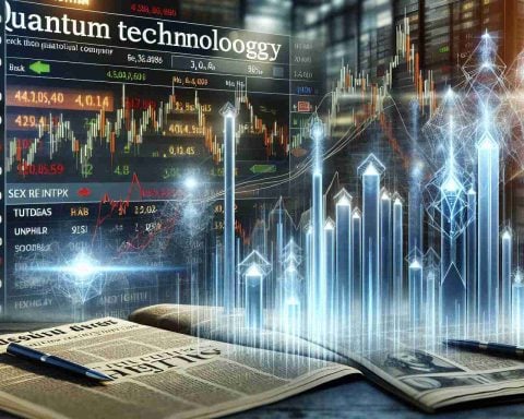 Realistic high-definition image depicting a stock market scene where the stocks of a fictional quantum technology company are skyrocketing. There's a background newspaper title that hints at the secret influence of a competing fictional company for context.