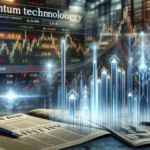 Realistic high-definition image depicting a stock market scene where the stocks of a fictional quantum technology company are skyrocketing. There's a background newspaper title that hints at the secret influence of a competing fictional company for context.