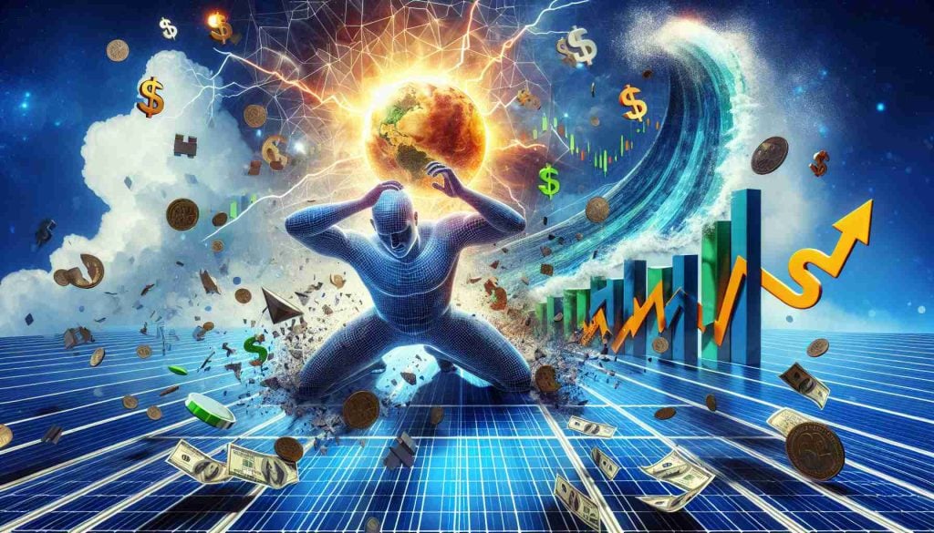 Generate a high-definition realistic visual interpretation showing the impact of an unexpected financial twist on a representative of a solar energy company, embodied as a large, powerful figure quaking as it is hit by a wave depicting financial instability. Include symbols of solar power such as photovoltaic panels or a radiant sun, and financial elements like falling stock market charts or fluctuating currency values.