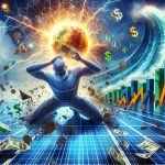 Generate a high-definition realistic visual interpretation showing the impact of an unexpected financial twist on a representative of a solar energy company, embodied as a large, powerful figure quaking as it is hit by a wave depicting financial instability. Include symbols of solar power such as photovoltaic panels or a radiant sun, and financial elements like falling stock market charts or fluctuating currency values.