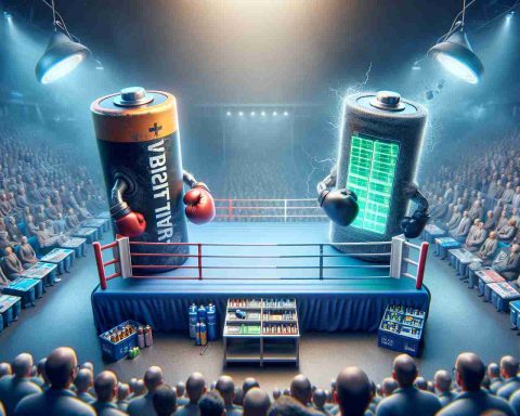 An HD photo realistically illustrating the concept of 'The Battery Battle: Is Zinc the Real Game Changer?' It depicts a boxing ring with two giant batteries as opponents. On one corner, a traditional lithium-ion battery stands tall and weathered, representing the stalwart of the current energy storage market. On the other corner is a vibrant zinc-ion battery, gleaming with potential and innovation. The crowd around the boxing ring is filled with various scientific symbols and tools, enhancing the atmosphere of this technological battle. The intensity and suspense in the air are palpable as the two contenders prepare for their match.