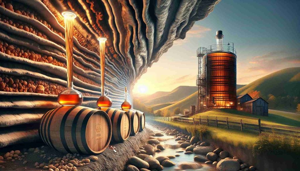 Create a high-definition, realistic image of a vintage-style bourbon distillery in Kentucky, showcasing amber-colored bourbon in oak barrels. Capture the surprising element of the distillery's success: a vast underground limestone water system, which is the secret key to superior bourbon. Emphasize the remarkable purity and mineral-rich character of the water, which sets it apart. Contrast the underground water veins with the rich landscapes of Kentucky. Do not include any humans in the scene.