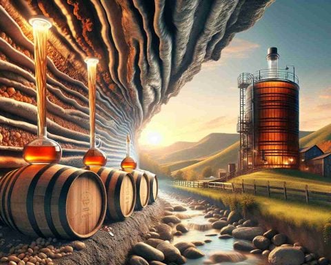 Create a high-definition, realistic image of a vintage-style bourbon distillery in Kentucky, showcasing amber-colored bourbon in oak barrels. Capture the surprising element of the distillery's success: a vast underground limestone water system, which is the secret key to superior bourbon. Emphasize the remarkable purity and mineral-rich character of the water, which sets it apart. Contrast the underground water veins with the rich landscapes of Kentucky. Do not include any humans in the scene.