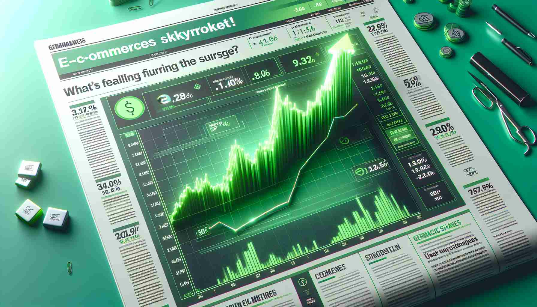 Realistic photo of a green stock market graph with the label 'Generic E-commerce Shares' significantly increasing towards the top right corner. Around the graph are financial indicators and charts. There's a bold headline in a newspaper-style format at the top saying 'E-commerce Shares Skyrocket! What’s Fueling the Surge?'. The colors are vibrant and the image aesthetics suggest a modern online news platform.