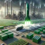 High-definition, realistic image of a metaphorical visual representation for Plug Power's major investment in green energy. Showcase the stage of a revolution taking off, with green hydrogen represented as a massive, eco-friendly rocket or shuttle preparing for launch. The surroundings can be filled with traditional energy sources looking outdated and obsolete in contrast. Please do not include any logos or specific brand identifiers.