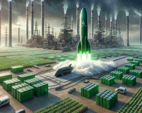 High-definition, realistic image of a metaphorical visual representation for Plug Power's major investment in green energy. Showcase the stage of a revolution taking off, with green hydrogen represented as a massive, eco-friendly rocket or shuttle preparing for launch. The surroundings can be filled with traditional energy sources looking outdated and obsolete in contrast. Please do not include any logos or specific brand identifiers.