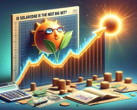 A realistic HD digital representation illustrating the concept of 'Is SolarEdge the Next Big Bet?' It should visualize a metaphorical surge represented by a curve graph showing a steady climb upwards. Close to the graph, include a pair of eyes symbolizing 'investor' and strategically place a sun as if it's empowering the graph's surge. Surround the scene with elements of investment like coins, ledgers, and calculators. Keep the overall color tone warm and bright, adding depth and perspective for a high-definition effect.