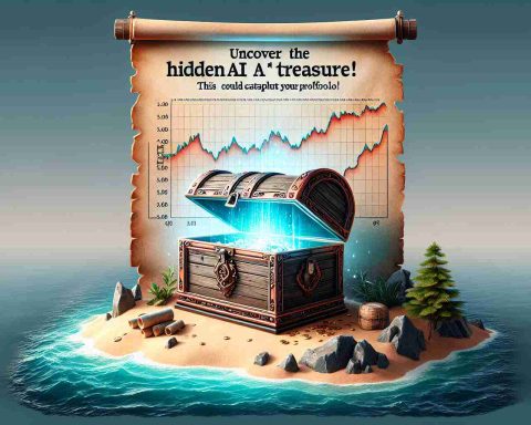 Create an illustrative HD image showcasing a wooden treasure chest with ornate details, sitting on an island surrounded by azure sea. The lid of the chest is partially open, revealing a shimmering light hinting at untold riches within. Floating above this picturesque scene is a textured banner declaring the words 'Uncover the Hidden AI Treasure!' Nearby, a stock market graph is shown, rising steeply upwards. Supplementary text should read, 'This Stock Could Catapult Your Portfolio'. The scene should have an adventurous and optimistic tone, hinting at the exciting prospects of investing in AI stocks.