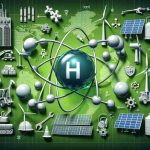 Create a detailed and realistic HD image that symbolically represents Green Hydrogen as an emerging power player in global energy dynamics. Show symbols like a hydrogen molecule, windmills, solar panels, and global maps to indicate renewable sources and its global scope. Include elements that symbolize job creation, perhaps tools or hardhats. Make sure to retain a green color scheme throughout to emphasize the theme of 'Green Hydrogen'.