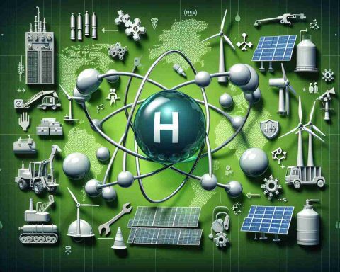 Create a detailed and realistic HD image that symbolically represents Green Hydrogen as an emerging power player in global energy dynamics. Show symbols like a hydrogen molecule, windmills, solar panels, and global maps to indicate renewable sources and its global scope. Include elements that symbolize job creation, perhaps tools or hardhats. Make sure to retain a green color scheme throughout to emphasize the theme of 'Green Hydrogen'.