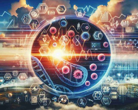 Visual representation of a medical revolution in cancer therapy. Depict the innovation as a bright sunrise on the horizon, symbolizing hope and change. Overlay the scene with various elements of technology and medical imagery such as DNA helix, microscopes, petri dishes, and magnified cells. Include an abstract symbol or infographic indicating a rising stock market or initial public offering (IPO) soaring into the sky, capturing the sense of momentum and transformative potential. This should be in the style of a high-definition realism highlighting the importance of the subject matter.