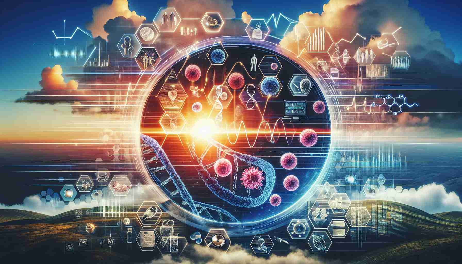 Visual representation of a medical revolution in cancer therapy. Depict the innovation as a bright sunrise on the horizon, symbolizing hope and change. Overlay the scene with various elements of technology and medical imagery such as DNA helix, microscopes, petri dishes, and magnified cells. Include an abstract symbol or infographic indicating a rising stock market or initial public offering (IPO) soaring into the sky, capturing the sense of momentum and transformative potential. This should be in the style of a high-definition realism highlighting the importance of the subject matter.