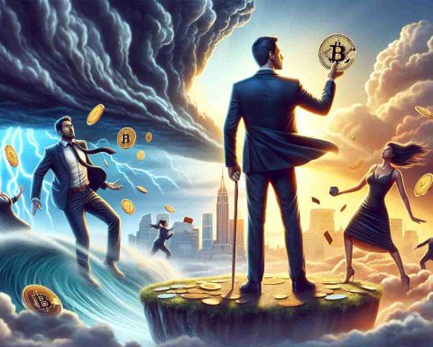 Create a large, realistic, high-definition image that visually interprets the concept of a company's gamble on cryptocurrency. Show this as a metaphoric scene. On one side, portray a visionary leader confidently placing a bet that symbolizes cryptocurrency. He should have a Middle-Eastern descent. On the other side, show a reckless leader throwing caution to the wind as they blindly wager, the person should be a Caucasian woman. In the background, subtly hint at unseen threats such as potential market crashes (e.g., a storm brewing), but also opportunities, such as potential economic growth (e.g., a sun rising).