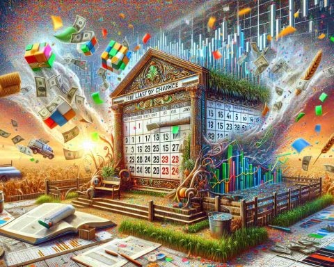 Generate a high-definition, hyper-realistic image that signifies the last chance of the year to prepare for an Initial Public Offering (IPO) splash of a hypothetical agricultural company, represented metaphorically. The scene could involve an ornate calendar displaying the last day of the year, with brightly colored confetti falling over charts and graphs, signifying a vibrant stock market event. There could also be a farm illustrated in the background to signify the agricultural aspect of the company.