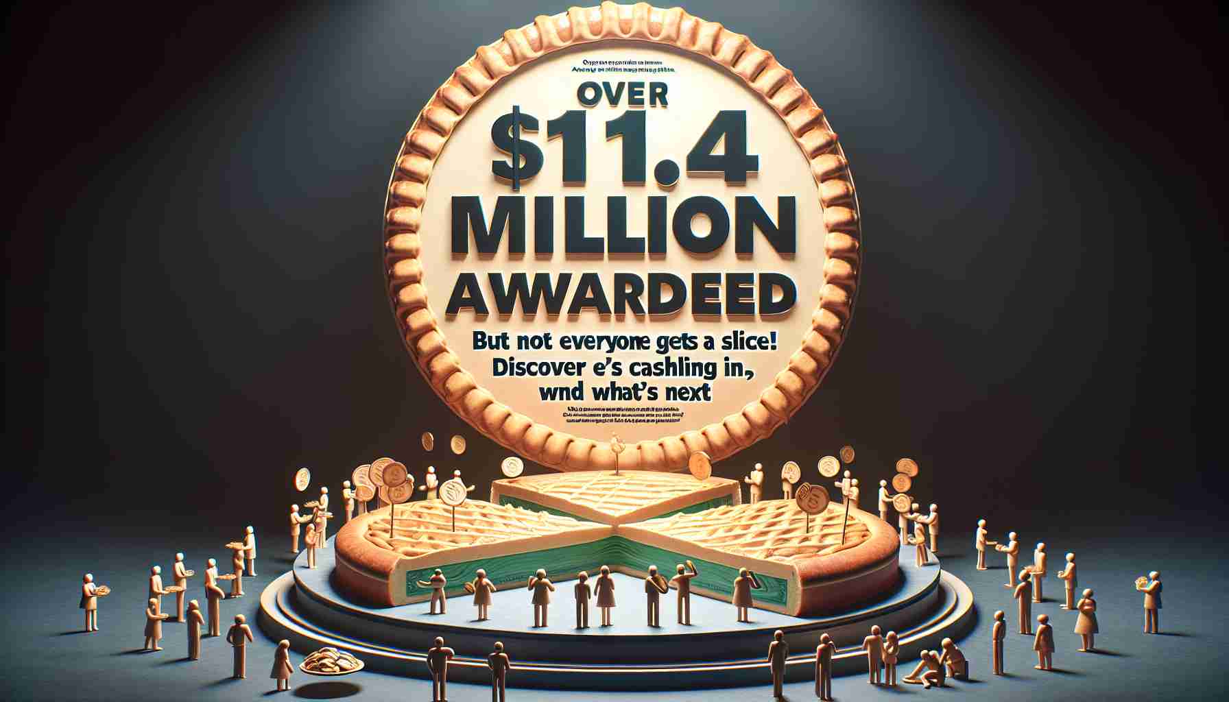 An HD image rendering of a text headline saying 'Over $11.4 Million Awarded, But Not Everyone Gets a Slice! Discover Who's Cashing In and What's Next' in bold, striking font. The background is a large pie symbolizing the monetary award and a few select people characterized with symbols of prosperity, collecting slices, and many still awaiting their portion. The scene conveys a sense of inequality and mystery around where the wealth is going, suggesting an upcoming revelation.