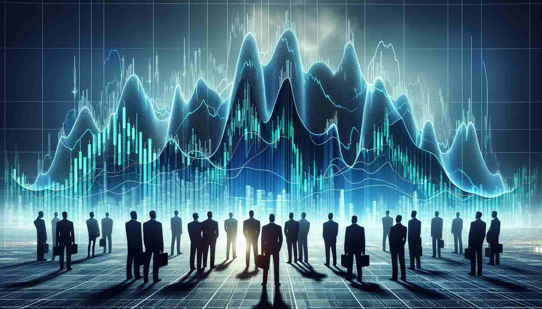 Generate a high-definition concept image symbolizing major stock market changes. Visualize it as a big, shaking wave on a financial graph, symbolizing the upheaval in NorthWestern Energy's stock market. Add a group of abstract human figures in the foreground, representing corporate insiders. They should be observing the shaking financial graph attentively, showcasing an intense business atmosphere.