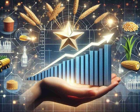 A high-definition, realistic depiction of a conceptual representation of Ethanol Boom, shown as a rising star in the world of investment. Include surrounding elements that illustrate why one should care about this developing trend. The image can include graphs showing the incline in the market, symbols for ethanol such as cornstalks or biofuel infrastructure, and positive indicators such as upward arrows or a shining star. The overall tone of the image should be optimistic and promising.