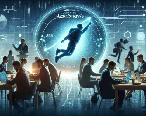 Realistic high-definition image portraying a group of rising talents in the technology sector, working diligently on various projects. Also visualize an emblematic representation of the MicroStrategy company symbolizing its ambition towards a spot in the Nasdaq 100.