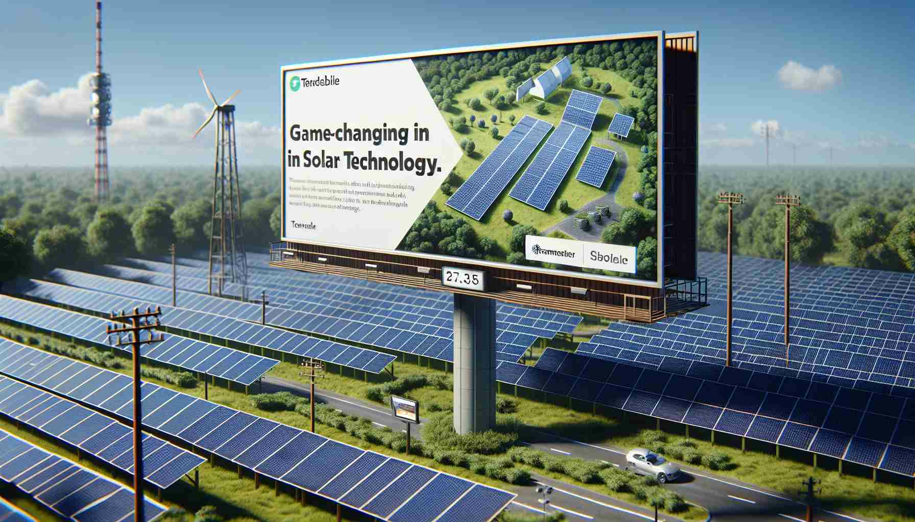 Detailed, realistic image in high definition showing the announcement of a major investment in solar technology for a hypothetical telecom company. The scene includes a large billboard revealing the news of this game-changing green energy investment. The billboard is surrounded by solar panels, symbolizing the company's commitment to renewable energy.