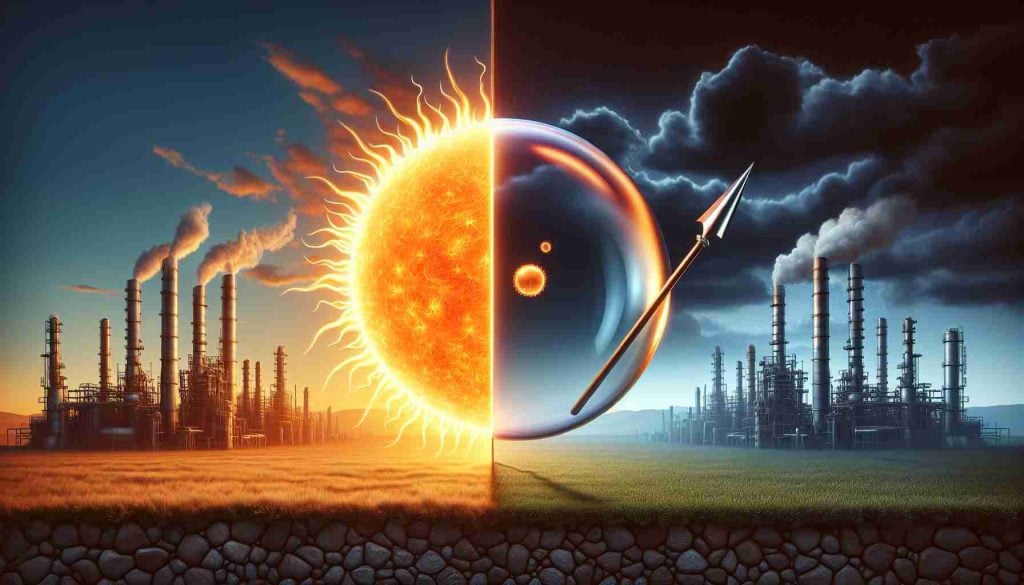 High-definition visually realistic depiction displaying contrasting scenes: one side showcasing the strong potential of a hypothetical energy company, depicted as a rising sun, while the other side presents the possibility of it being a bubble about to burst, portrayed as a bubble floating dangerously close to a sharp, pointed object.