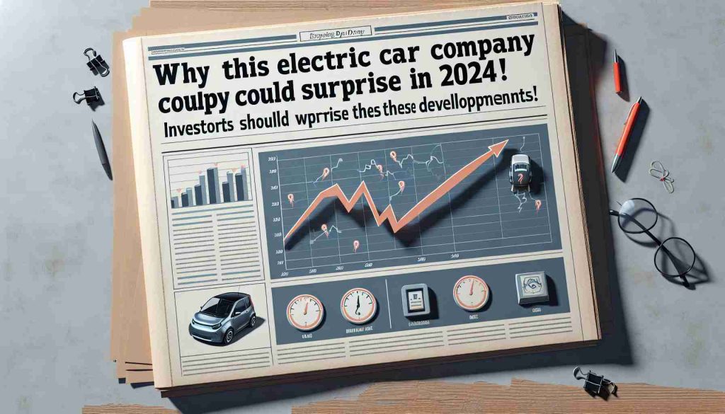 Create a realistic, high-definition image of a newspaper headline, with the main text reading 'Why This Electric Car Company's Stock Could Surprise in 2024! Investors Should Keep an Eye on These Developments.' Surrounding the headline, illustrate some suggestive graphics such as rising graphs, small electric cars, and a calendar marked on the year 2024.