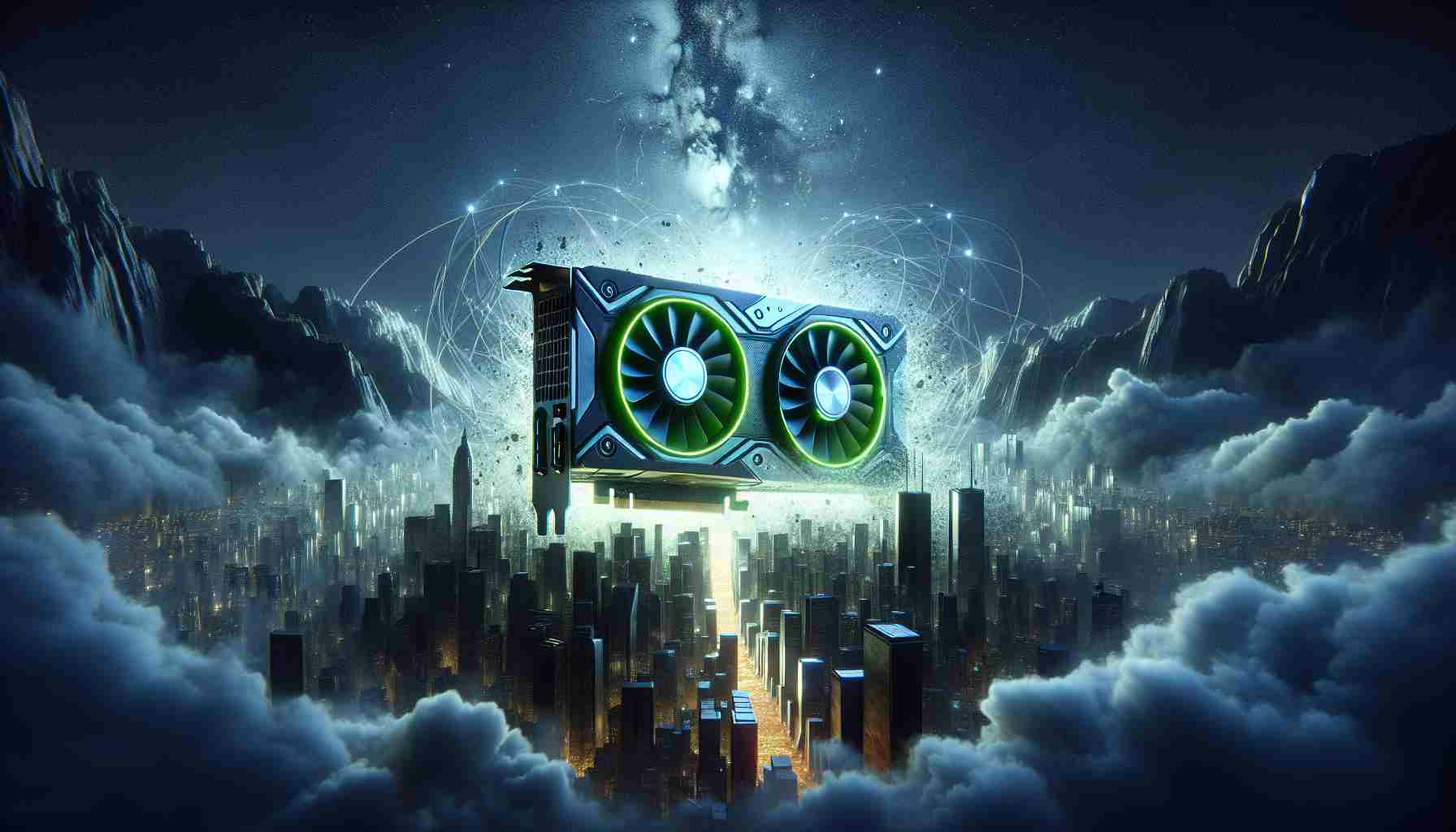 Render a realistic HD image that might correspond to a news headline announcing a significant breakthrough by GPU manufacturer Nvidia, giving an impression that the company's stock values are about to skyrocket, and suggesting the possibility of this value potentially doubling again.