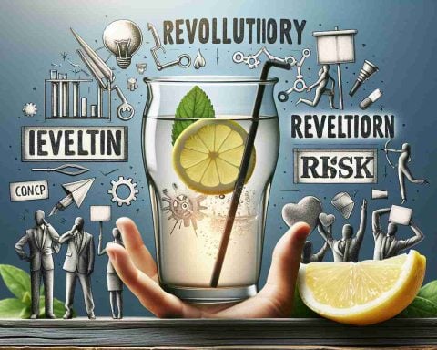 Create a realistic, high-definition concept image that visually represents the 'hidden challenges' associated with the idea of 'revolutionary' or 'risky'. Incorporate elements that are symbolic of both 'revolution' and 'risk'. Highlight these concepts using a visual metaphor of 'lemonade', suggesting both the sweetness of success and the potential sourness of defeat.